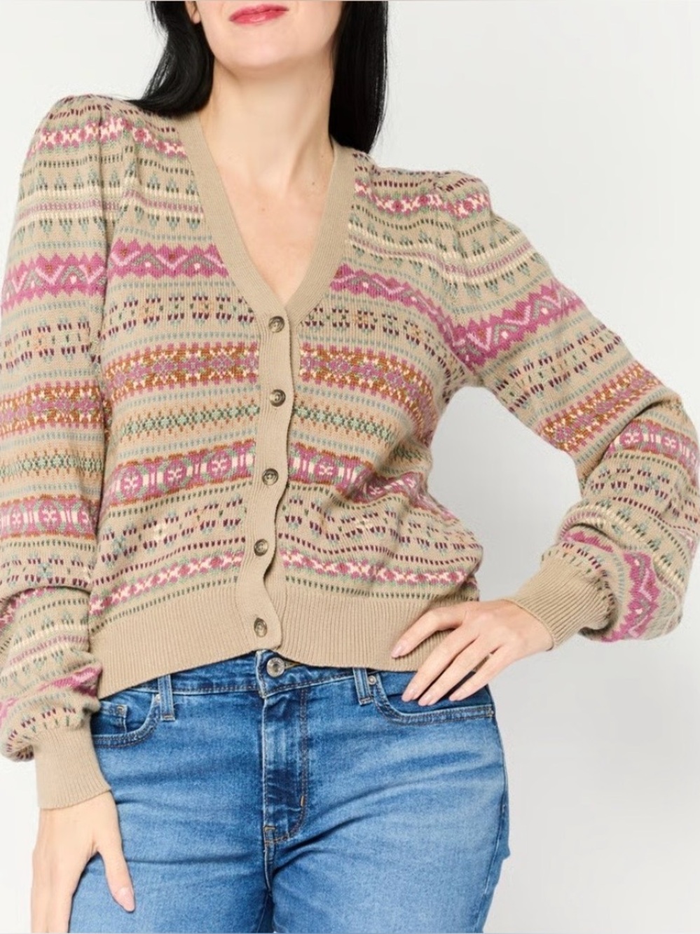 Lauren Ralph Lauren Fair Isle Cardigan Womens M Y2K 2000s Knit V Neck Vintage